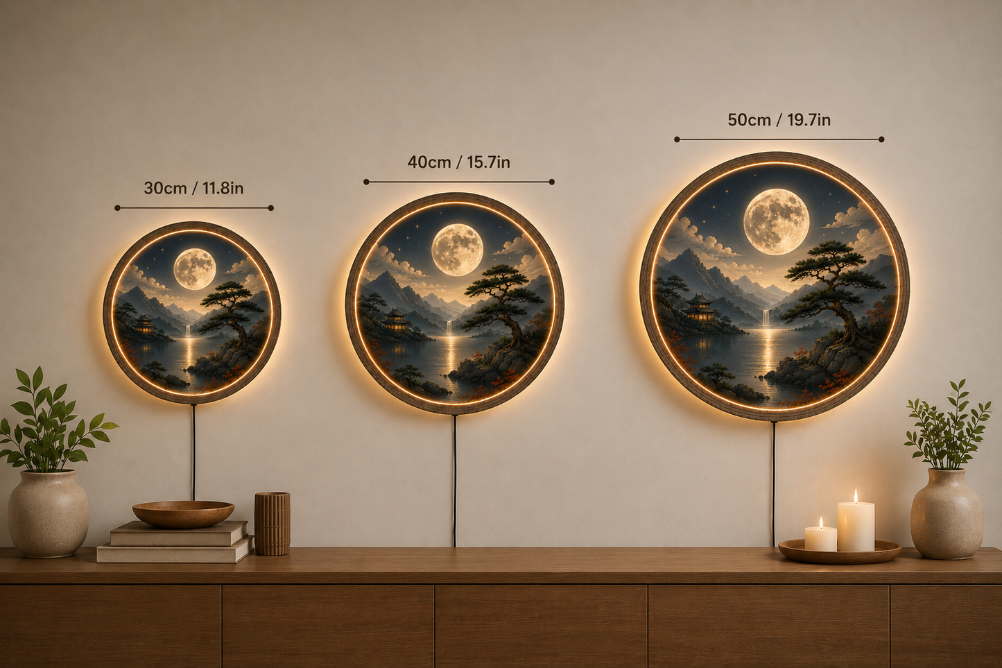 Round LED Wall Art, Japanese Moon Wall Decor, Lighted Wooden Wall Hanging, Zen Landscape Wall Art, Bedroom Living Room Decor