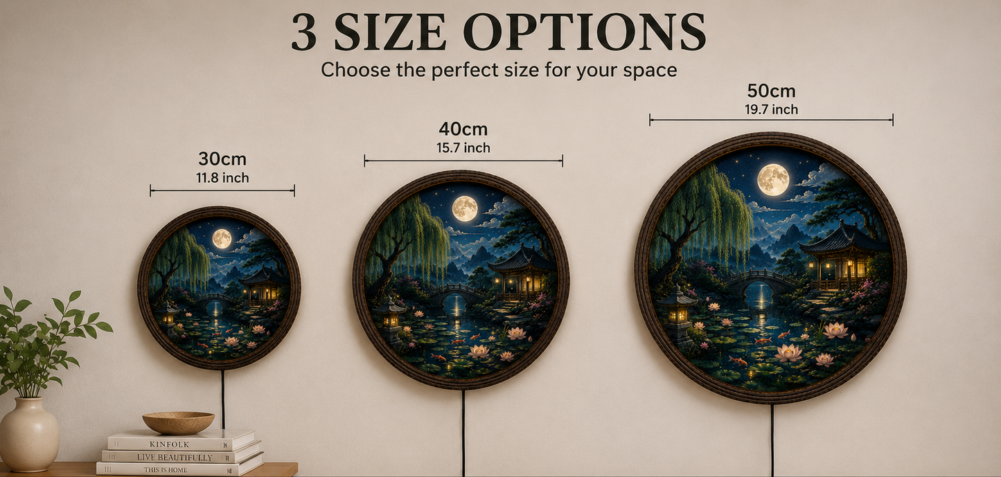 Round Japanese Landscape LED Wall Art, Moonlit Garden Decor, Asian Wall Hanging with LED Light