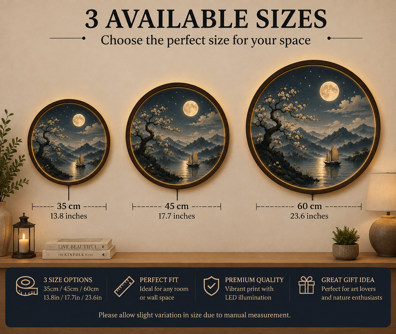 Round LED Wall Art Lamp, Moon Landscape Wall Decor, Modern Wooden Light for Living Room Bedroom
