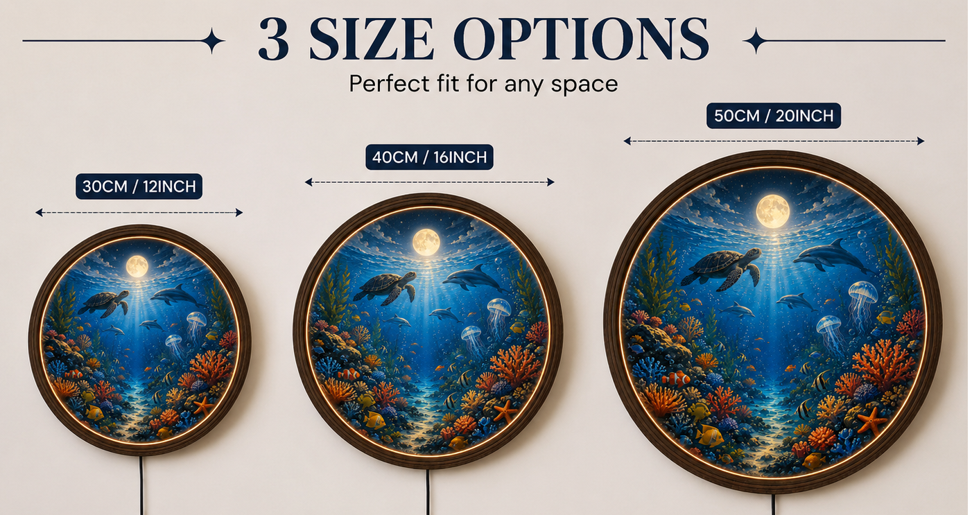 Ocean Wall Art with LED Light, Sea Turtle Round Wall Decor, Coastal Bedroom Living Room Lamp