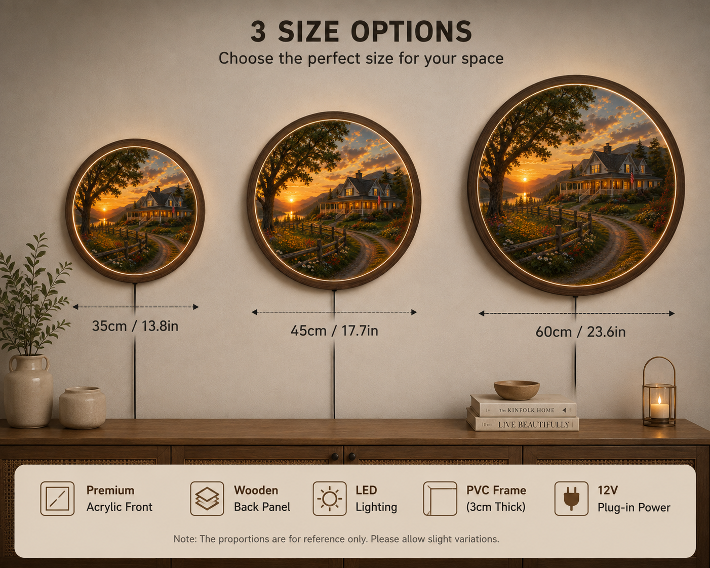 Rustic Farmhouse LED Wall Art, Round American Country Sunset, Wooden Frame Lighted Wall Decor for Living Room Bedroom