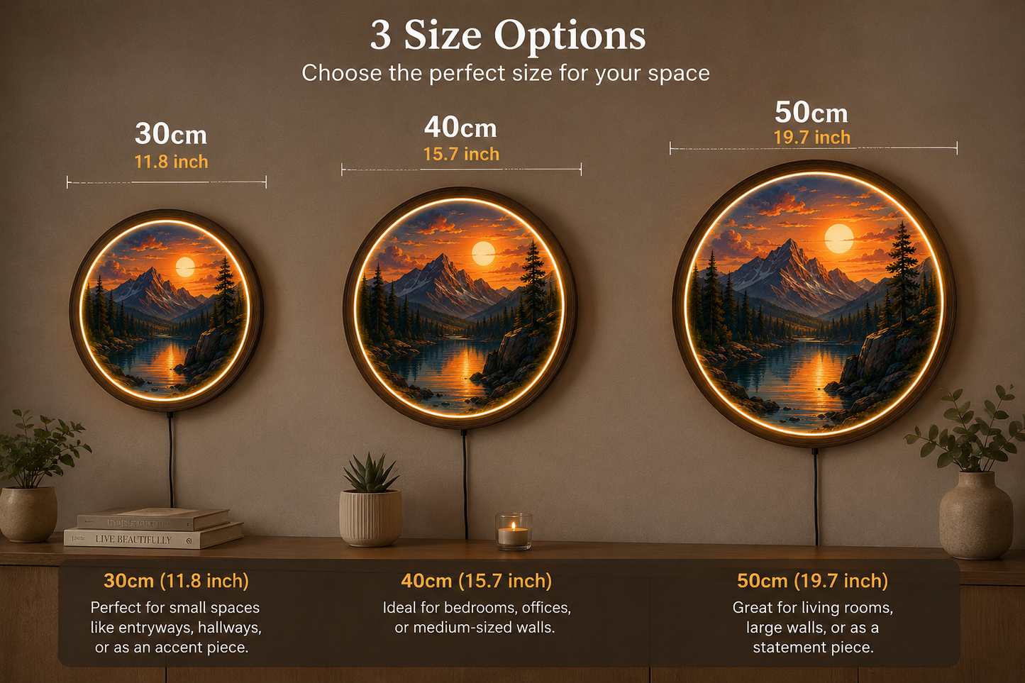 Mountain Sunset LED Wall Art, American Landscape Lighted Wall Decor, Round Acrylic LED Wall Lamp, Nature Mountain Lake Wall Hanging, Rustic Cabin Gift