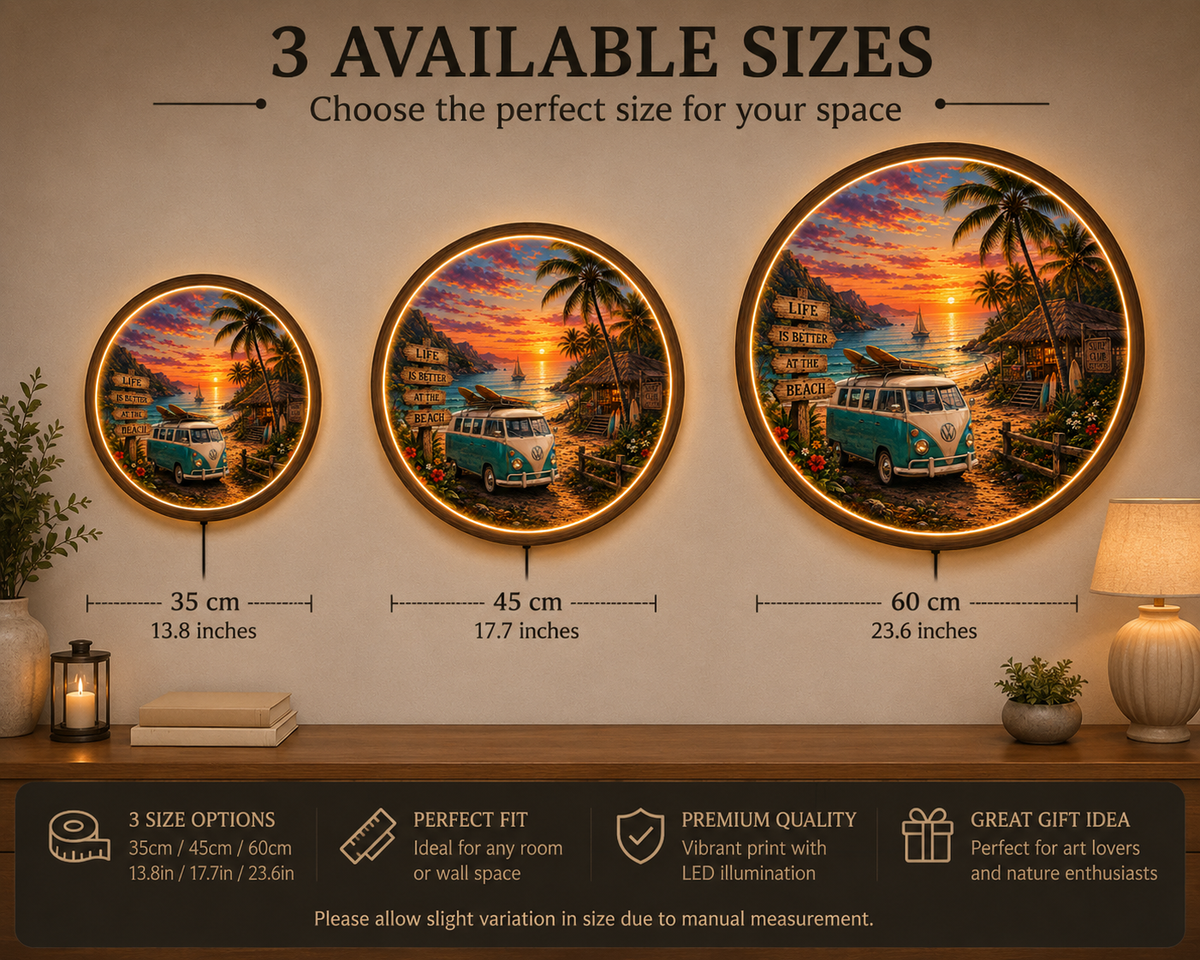 Vintage Beach Sunset LED Wall Art, Coastal Round Wall Light, Tropical Ocean Decor, Surf Van Acrylic Wall Lamp, Coastal Home Gift