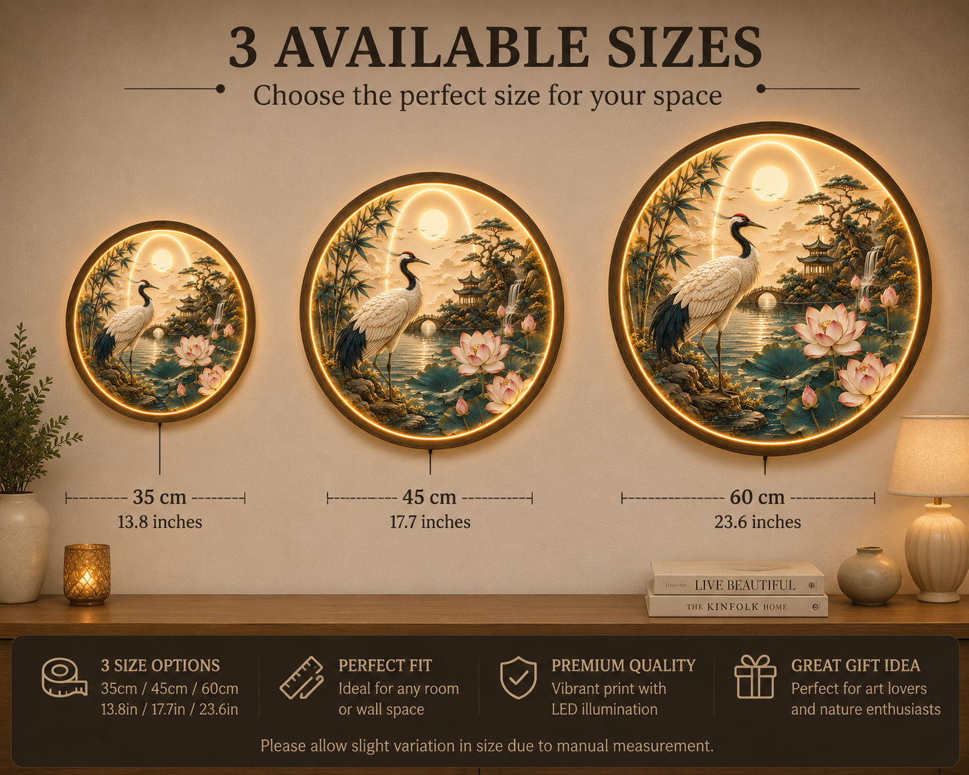 Japanese Crane LED Wall Art Round Wooden Frame, Lotus Landscape Light, Zen Wall Decor, Asian Living Room Bedroom Art