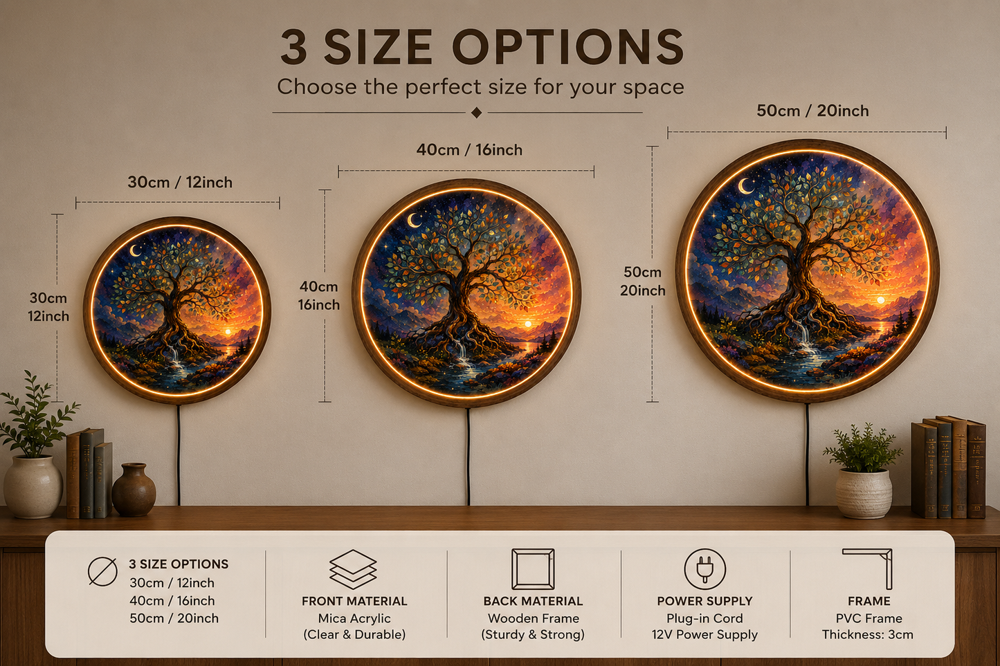 Tree of Life LED Wall Art, Round Lighted Wall Decor, Mystic Nature Wall Lamp, Fantasy Tree Home Decor