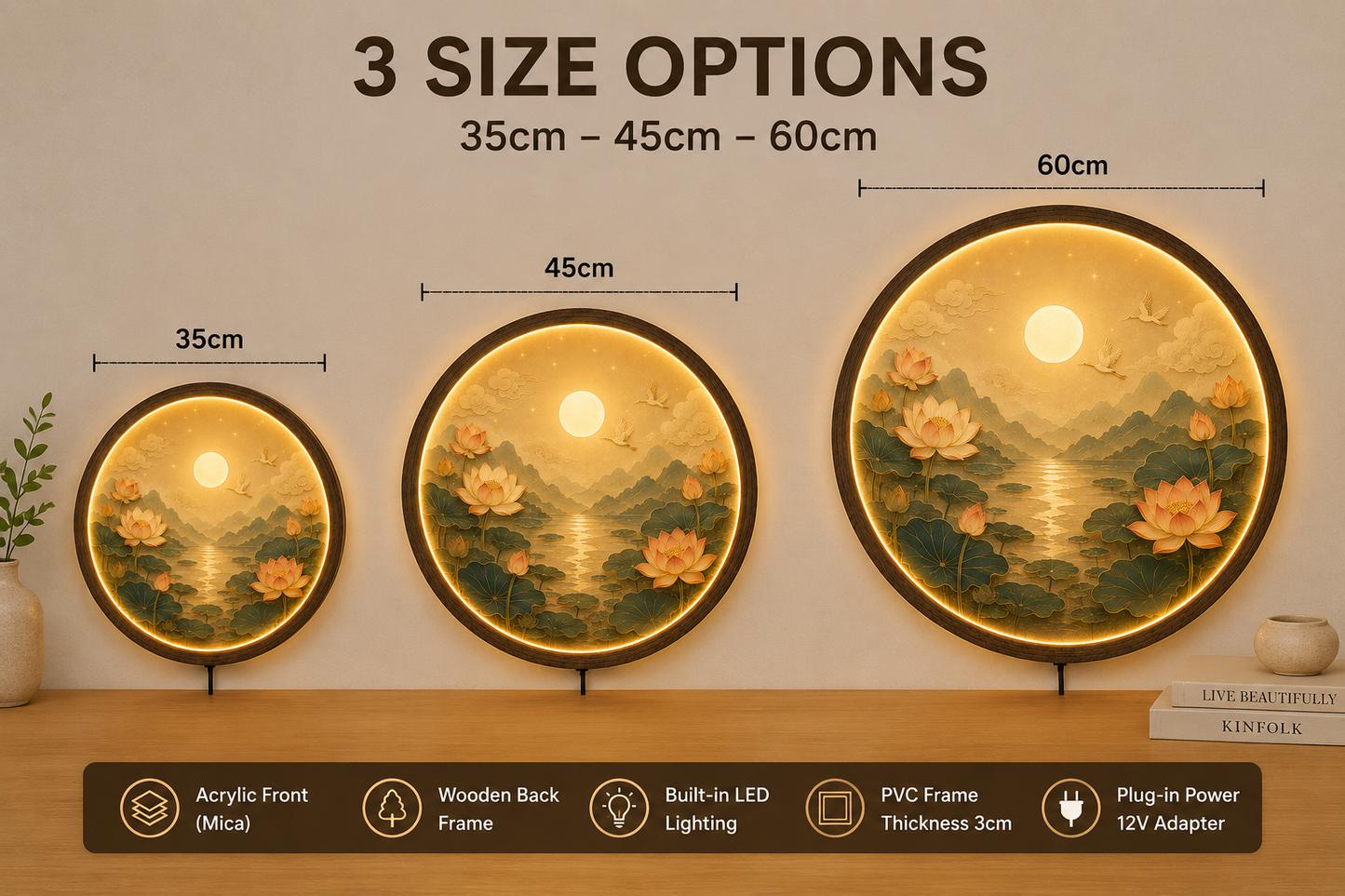 Lotus LED Wall Art, Round Zen Wall Lamp, Japanese Landscape Wall Decor, Asian Home Decor, Illuminated Wall Art