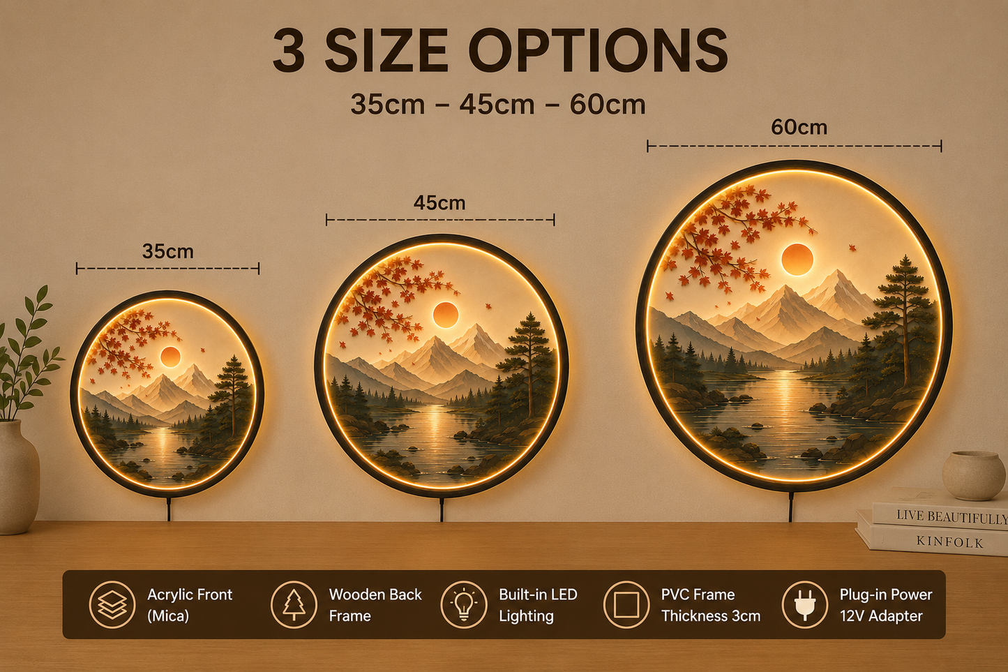 Autumn Mountain LED Wall Art, Round Nature Landscape Wall Decor, Sunset Lake Acrylic Light, Modern Living Room Wall Light, Unique Gift