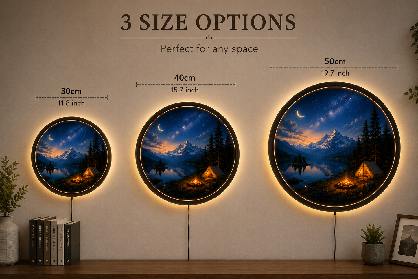 Mountain Camping LED Wall Art, Night Lake Landscape Light, Round Acrylic Wall Decor, Galaxy Sky Home Decor, Rustic Cabin Wall Light Gift