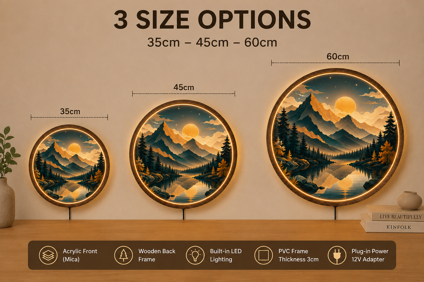Mountain Lake LED Wall Art, Round Nature Landscape Wall Decor, Modern Acrylic Wall Light, Forest Mountain Home Decor, Living Room Gift