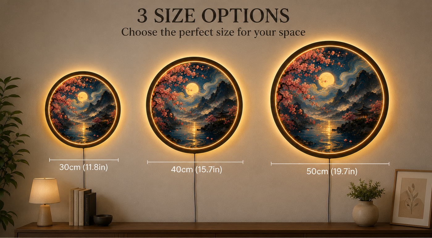 Cherry Blossom Moon LED Wall Art, Round Japanese Landscape Wall Decor, Illuminated Mountain Lake Light, Zen Home Gift