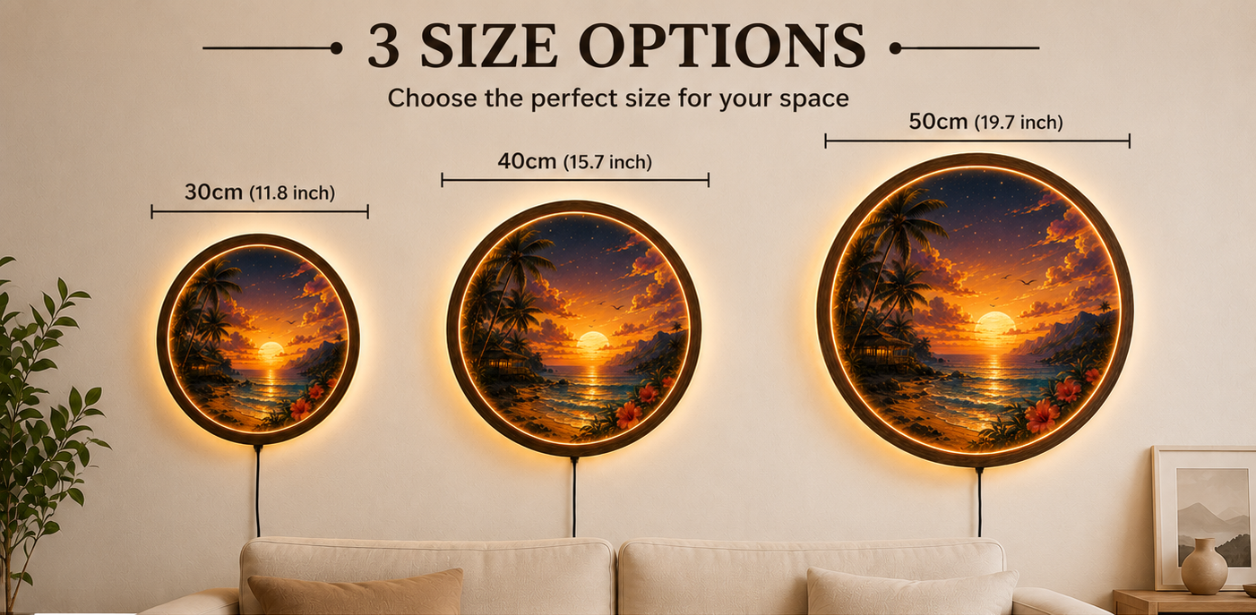 Tropical Beach Sunset LED Wall Art, Round Coastal Wall Decor, Ocean Landscape Light, Wooden Frame LED Lamp, Beach House Gift
