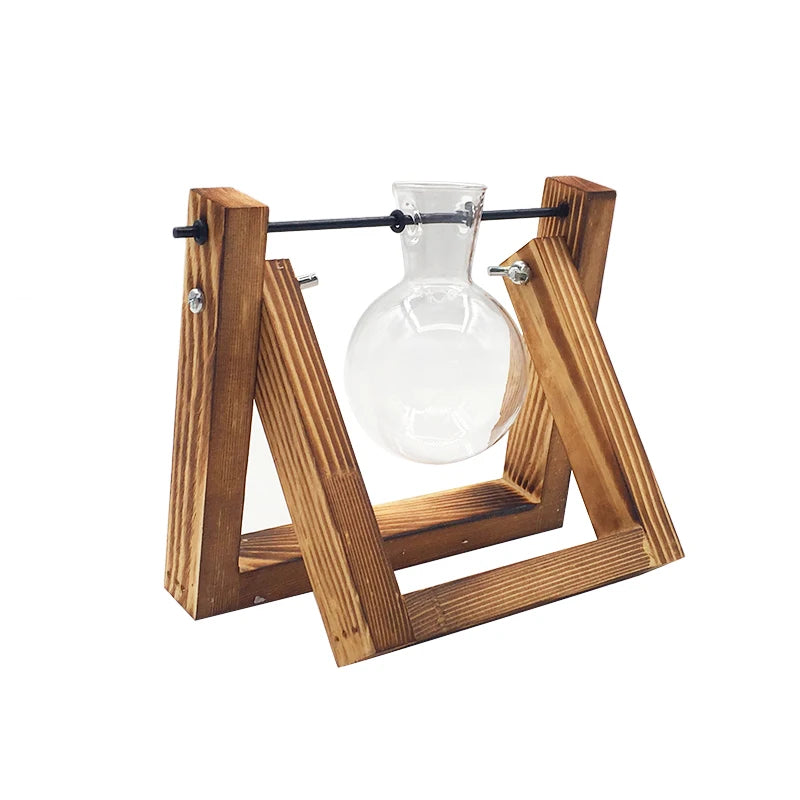 Terrarium Hydroponic Plant Vase, Transparent Glass with Wooden Frame, Decorative Bonsai Tabletop Vase