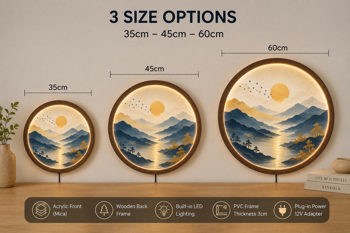 Blue Mountain LED Wall Art, Round Illuminated Wall Decor, Acrylic & Wood Framed Landscape Light, Modern Nature Wall Hanging