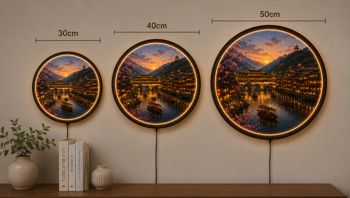 Chinese Ancient Town LED Wall Art, Sunset Riverside Village, Round Acrylic Wall Light, Cherry Blossom Decor, Asian Landscape Lamp