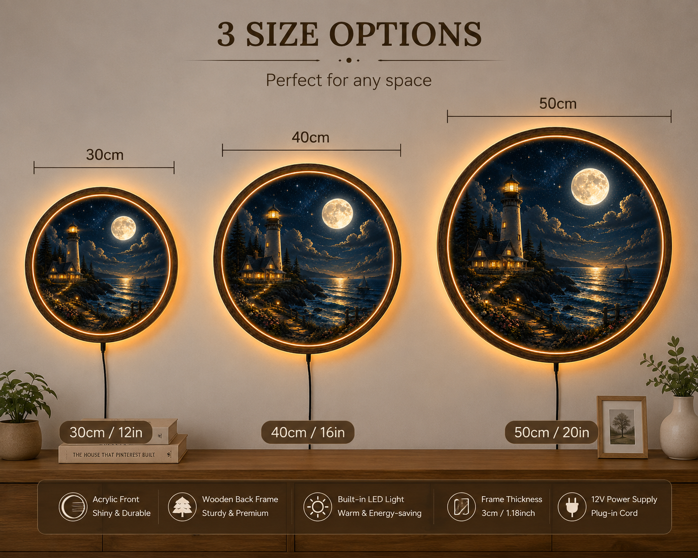 Moonlit Lighthouse LED Wall Art, Coastal Ocean Landscape, Round Acrylic Wall Light, Nautical Home Decor, Full Moon Lamp