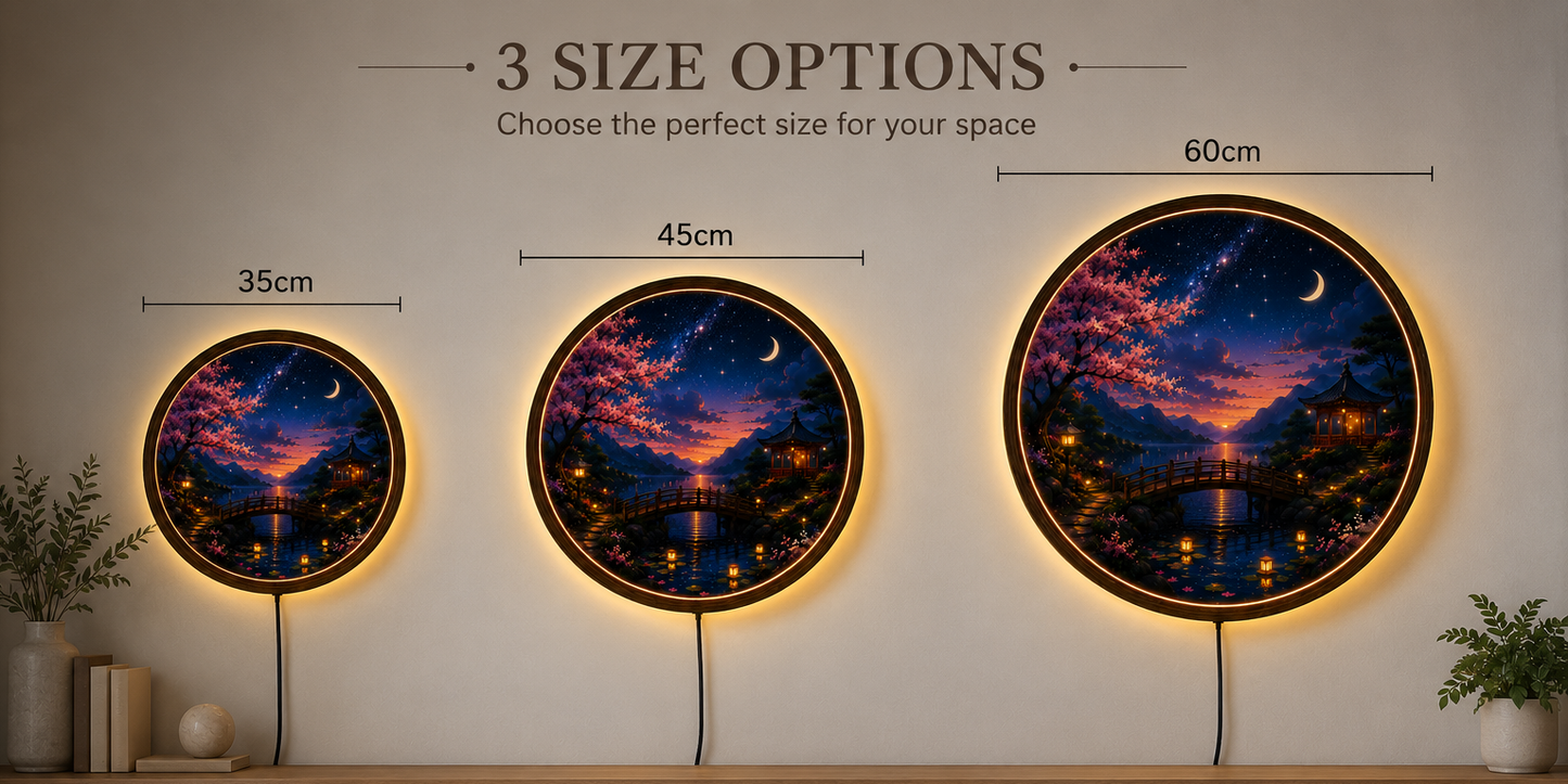 Japanese Cherry Blossom LED Wall Art, Moonlit Landscape Round Light, Sakura Acrylic Wall Decor, Zen Home Decor, Night Sky Lamp