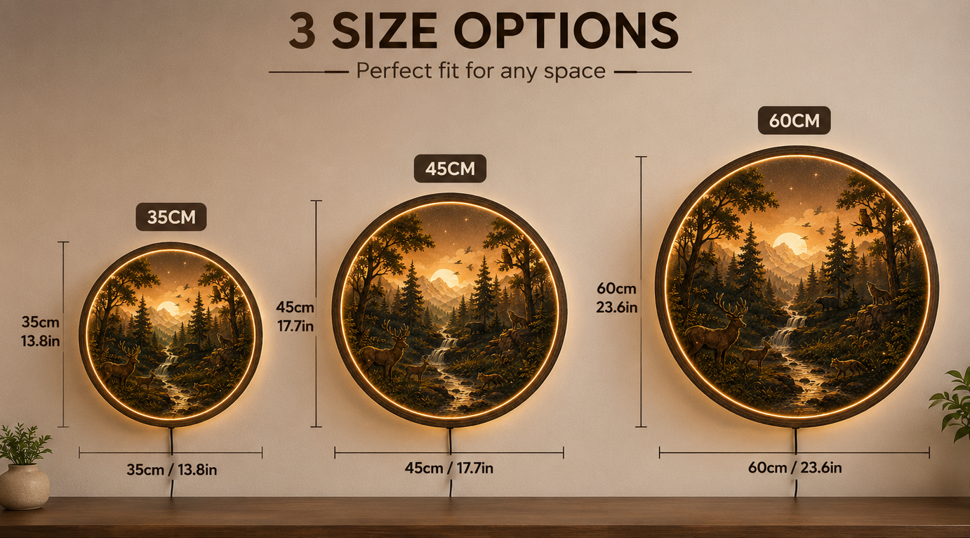 Rustic Forest LED Wall Art, Mountain Landscape Lighted Wall Decor, Deer Wolf Bear Nature Scene, Woodland Cabin Decor, Round LED Wall Hanging