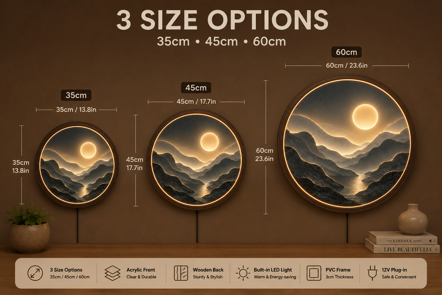 Abstract Mountain LED Wall Art, Round Moon Landscape Light, Modern Acrylic Wall Decor, Nordic Mountain Lamp, Minimalist Home Gift