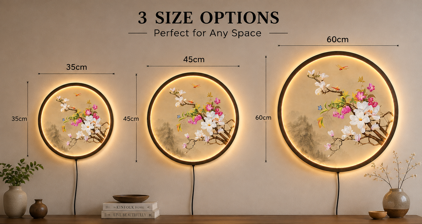 Magnolia Blossom LED Wall Art, Round Floral Lighted Wall Decor, Asian Botanical Wall Lamp, Japanese Flower Art, Illuminated Home Decor Gift