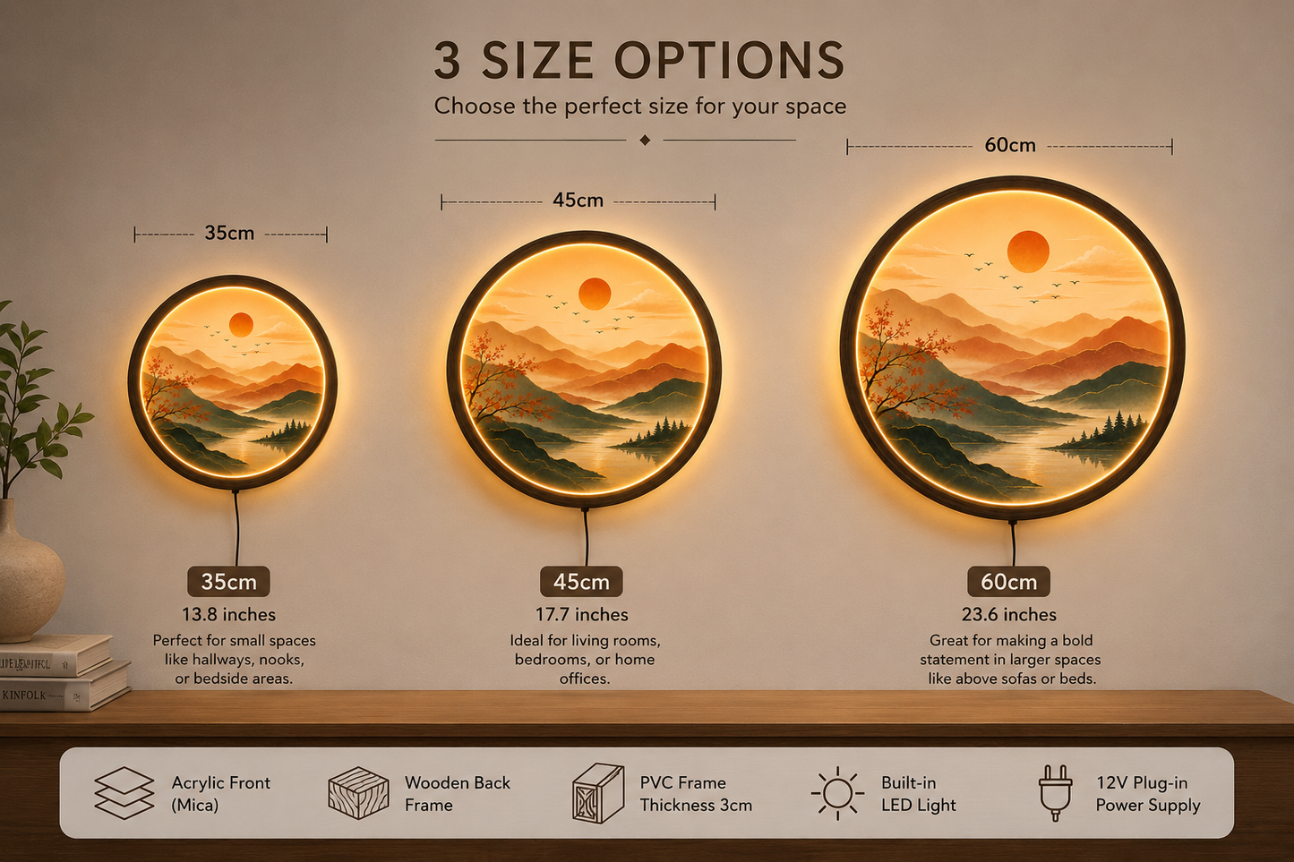 Mountain Landscape LED Wall Art, Round Lighted Wall Decor, Sunset Nature Acrylic Lamp, Wooden Frame, Modern Living Room Decor, Gift