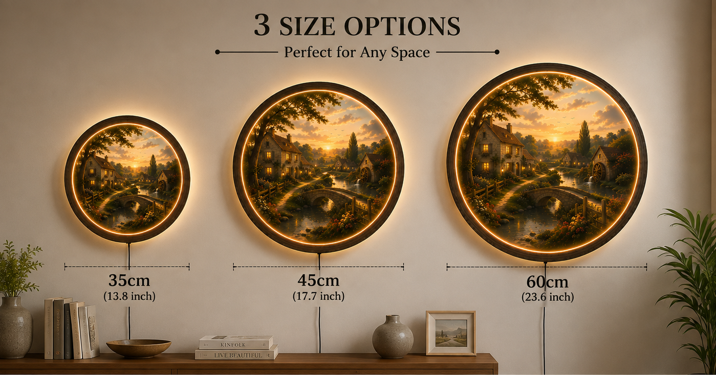 Cottage Landscape LED Wall Art, Round Countryside Light, Rustic Village Decor, Farmhouse Wall Art, Cozy Home Decor