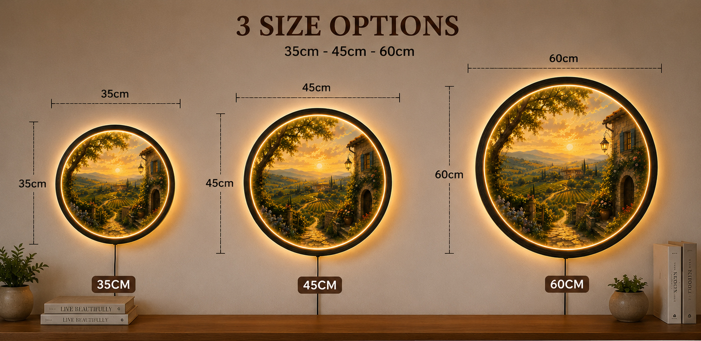 Tuscan Countryside LED Wall Art, Round Lighted Wall Decor, Rustic Farmhouse Landscape, Italy Vineyard Sunset Wall Hanging, Warm Ambient Bedroom Living Room Gift