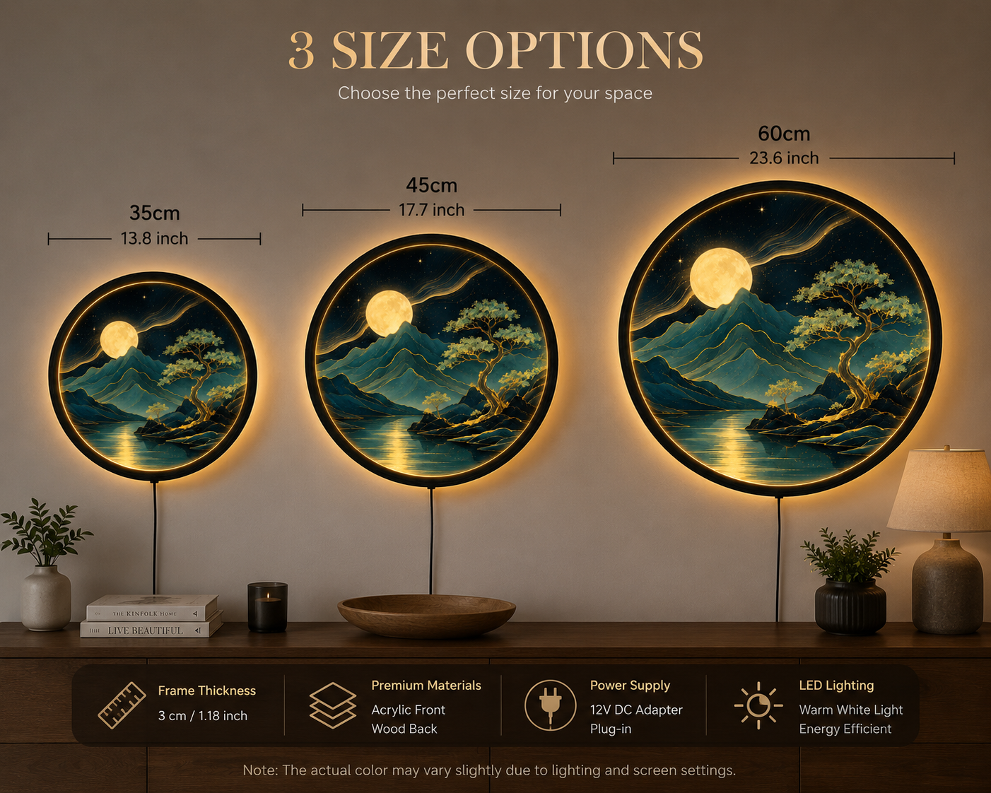 Moon Mountain LED Wall Art, Japanese Landscape Round Light, Bonsai Tree Wall Decor, Celestial Night Lamp, Zen Home Decor Gift