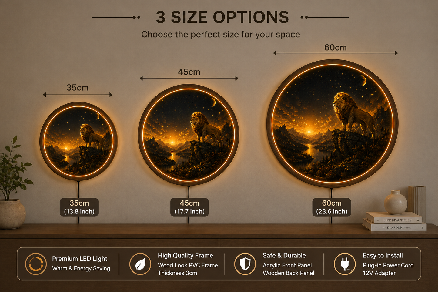 Lion LED Wall Art, Mountain Sunset Lighted Wall Decor, Round Lion Wall Lamp, Rustic Wildlife Home Decor, Gift for Him