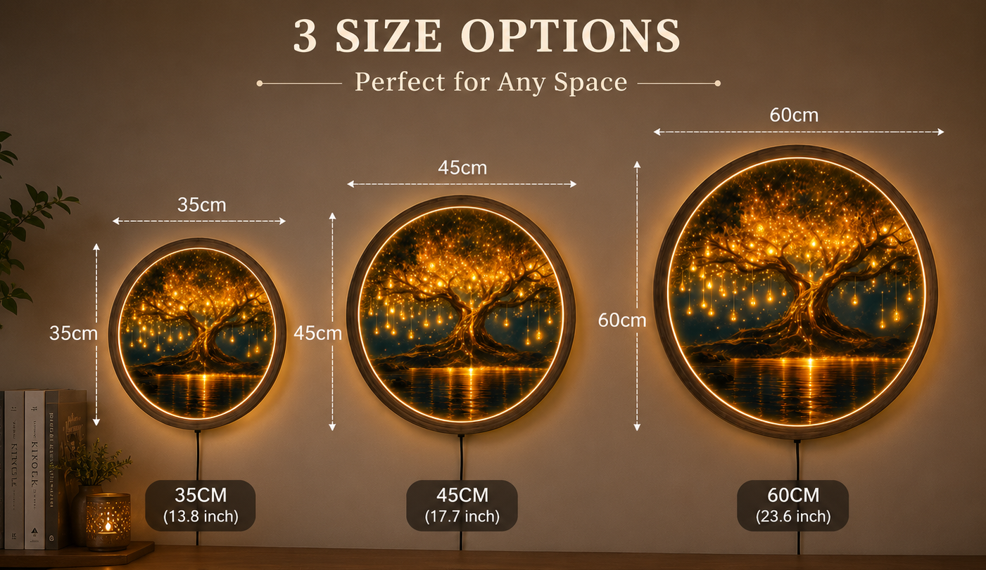 Tree of Life LED Wall Art, Glowing Fantasy Tree Wall Decor, Round Lighted Wall Art, Golden Tree Lamp, Nature Lover Gift