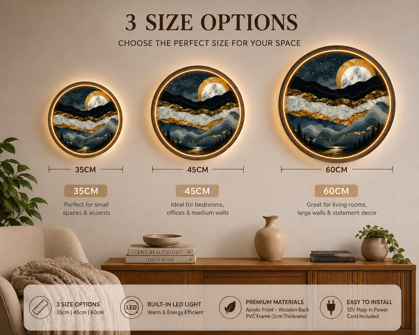 Abstract Mountain LED Wall Art, Gold Moon Landscape Wall Decor, Round Lighted Wall Art, Modern Nature Wall Lamp, Mountain Lover Gift
