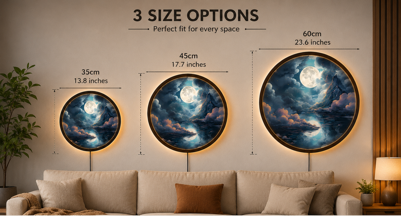 Moon Mountain LED Wall Art, Full Moon Landscape Wall Decor, Round Lighted Wall Art, Celestial Night Sky Decor, Mountain Lover Gift