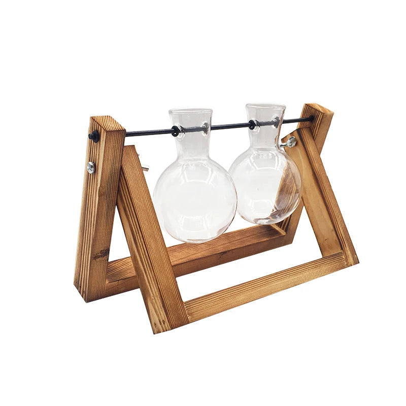 Terrarium Hydroponic Plant Vase, Transparent Glass with Wooden Frame, Decorative Bonsai Tabletop Vase