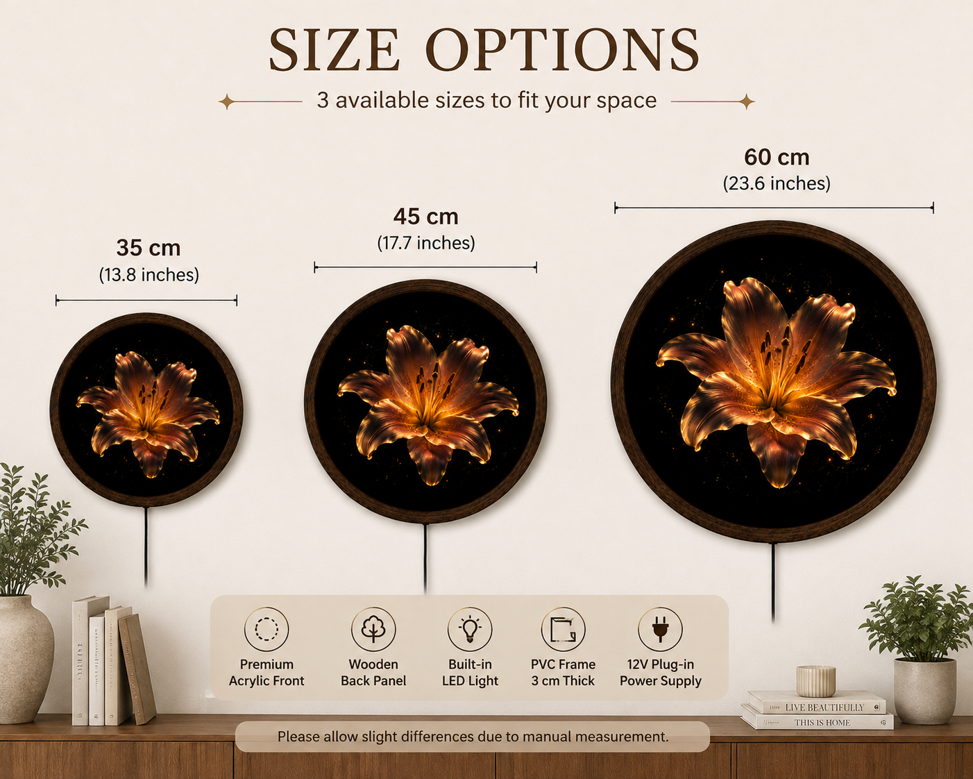 Golden Lily LED Wall Art, Glowing Flower Lighted Wall Decor, Floral Round Wall Art, Elegant Botanical Decor, Flower Lover Gift