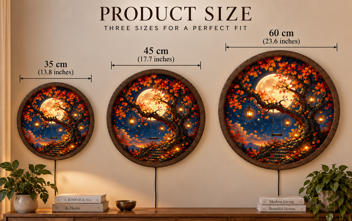 Autumn Tree LED Wall Art, Full Moon Swing Lighted Decor, Fall Landscape Round Wall Art, Cozy Nature Home Decor