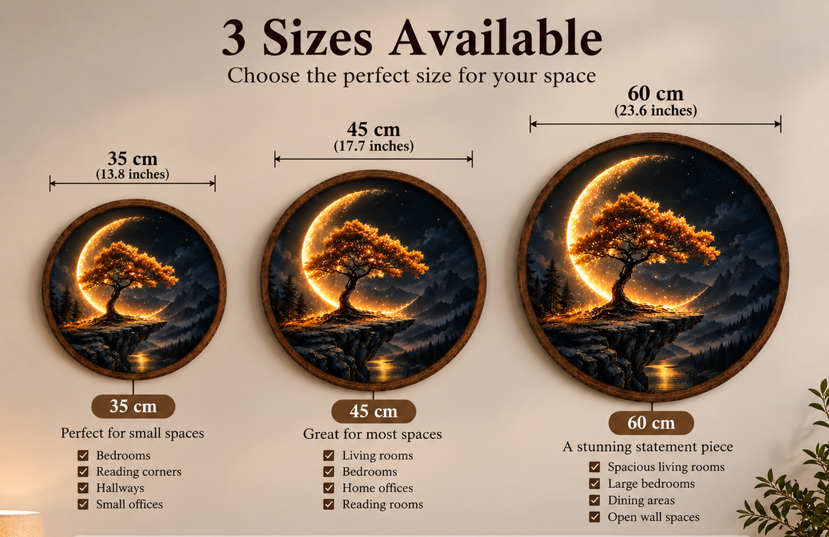 Crescent Moon Tree LED Wall Art, Glowing Mountain Landscape Round Decor