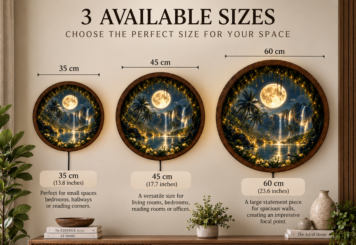 Full Moon Waterfall LED Wall Art, Tropical Paradise Lighted Round Decor, Moonlit Landscape, Nature Wall Art