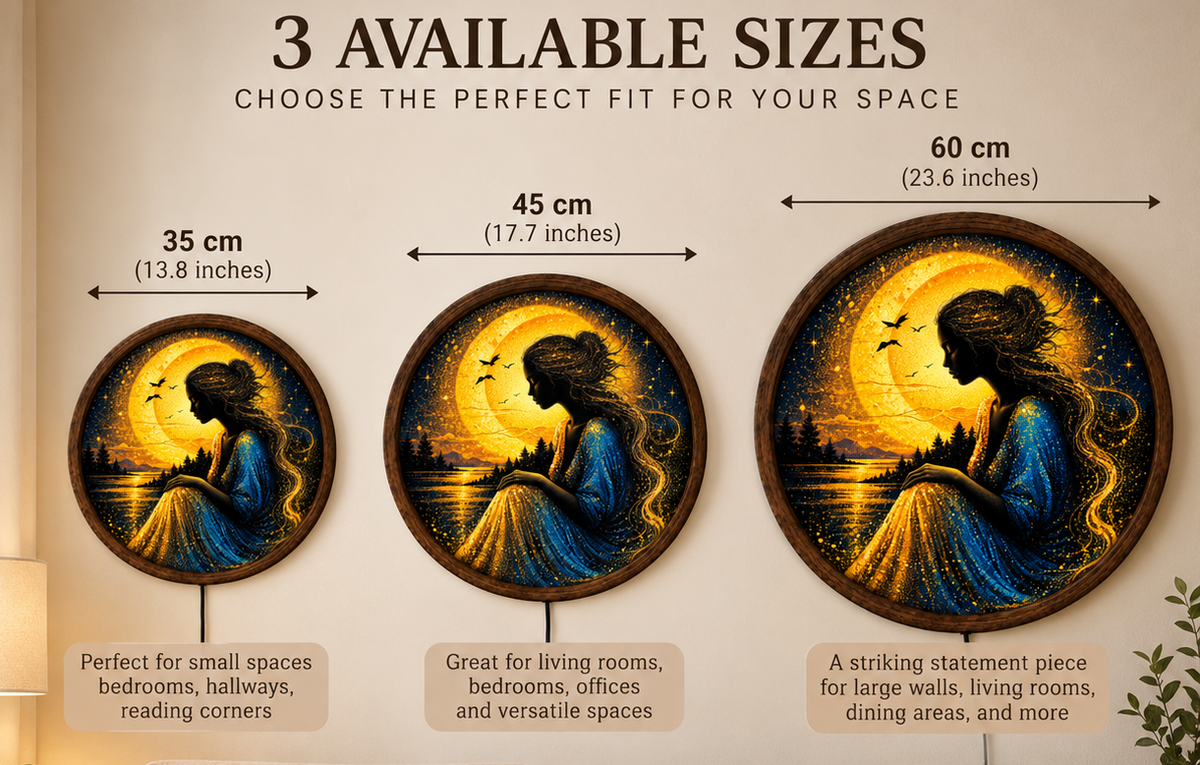 Golden Moon Woman LED Wall Art, Celestial Goddess Lighted Round Decor, Fantasy Moonlit Landscape, Boho Wall Art