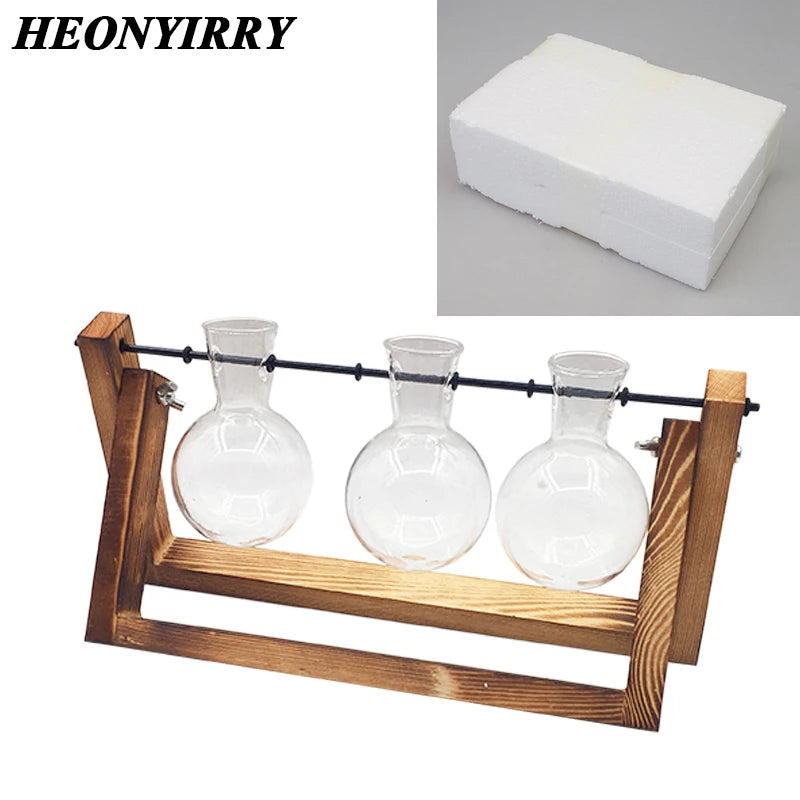 Terrarium Hydroponic Plant Vase, Transparent Glass with Wooden Frame, Decorative Bonsai Tabletop Vase