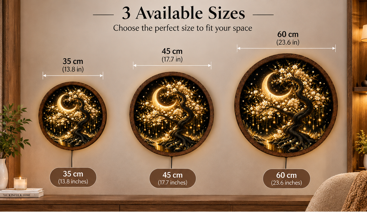 Crescent Moon Tree LED Wall Art, Glowing White Blossom Tree Round Decor, Celestial Botanical Lighted Wall Art
