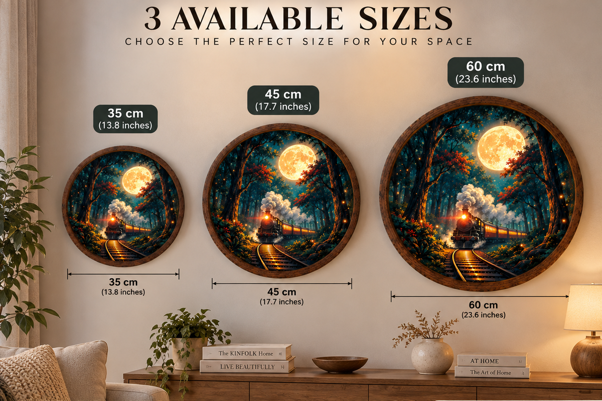 Moonlit Train LED Wall Art, Steam Train Forest Round Wall Decor, Full Moon Railway Light, Vintage Locomotive Art