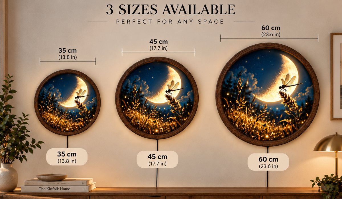 Dragonfly Moon LED Wall Art, Round Crescent Moon Night Light, Magical Meadow Wall Decor, Nature Inspired Bedroom Wall Art