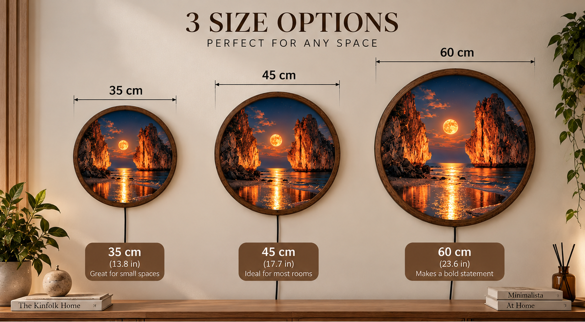 Moonlit Coastal Cliffs LED Wall Art, Round Ocean Landscape Light, Glowing Moon Beach Decor, Nature Wall Lamp, Bedroom Living Room Decor