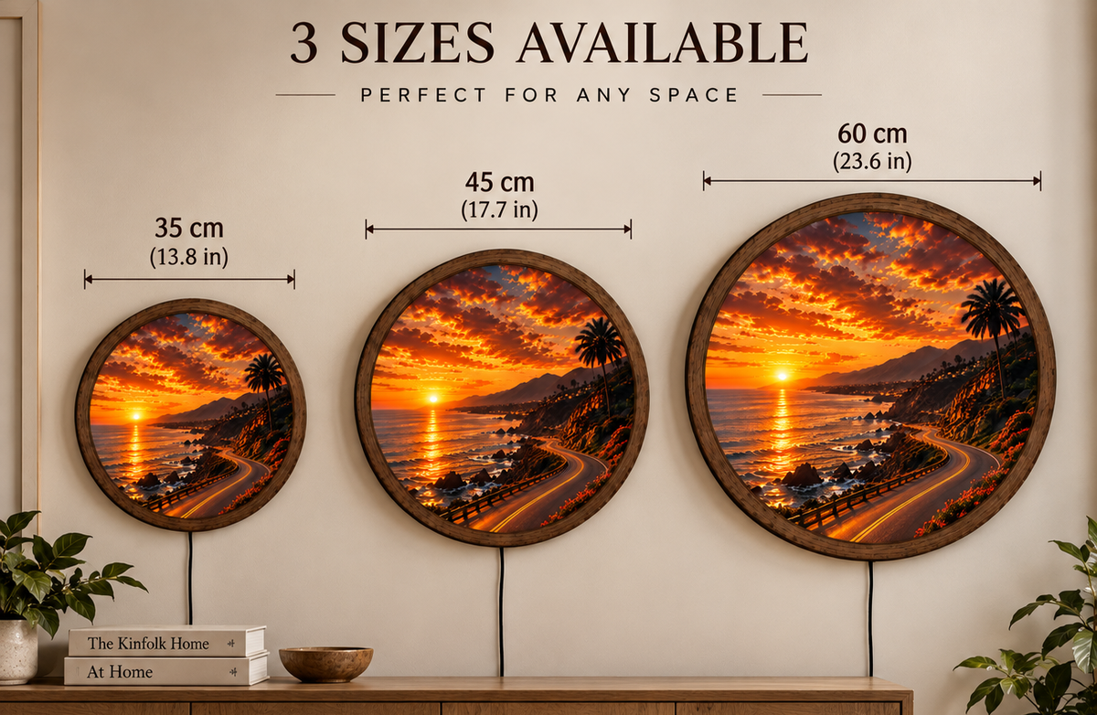 Coastal Highway Sunset LED Wall Art, Round Ocean Landscape Light, Scenic Beach Road Decor, Coastal Wall Lamp, Living Room Bedroom Decor