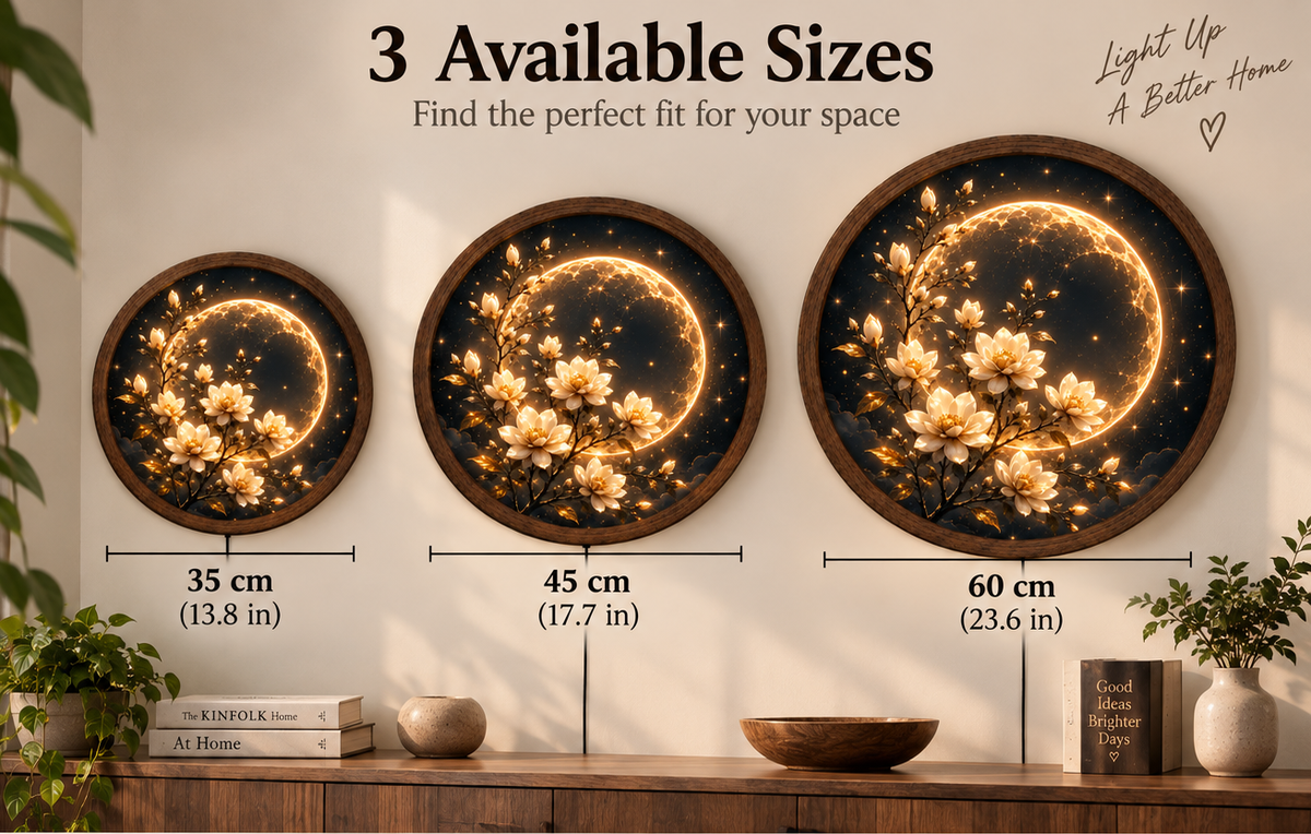 Moon and Magnolia LED Wall Art, Floral Round Lighted Wall Decor, Golden Celestial Flower Art, Bedroom Home Decor