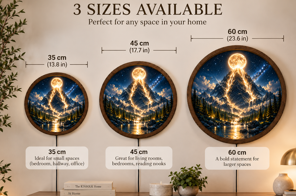 Moonlit Mountain LED Wall Art, Round Fantasy Landscape Light, Glowing Full Moon Mountain Decor, Forest Wall Lamp, Nature Home Decor