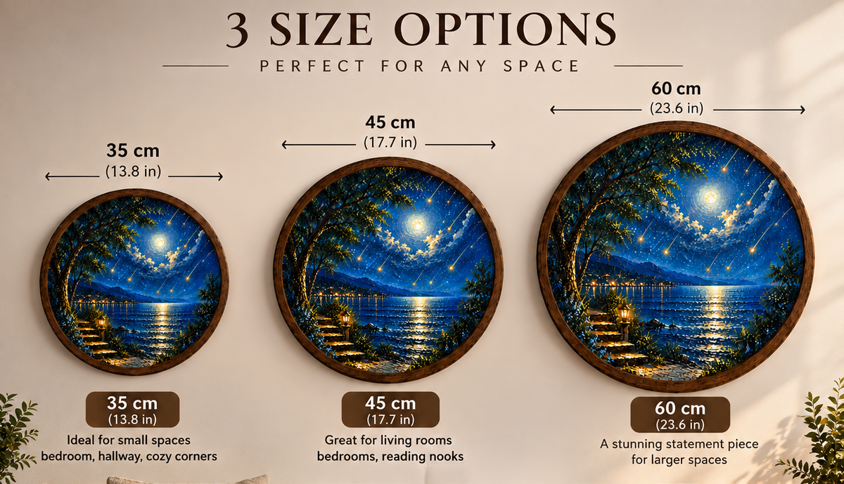 Moonlit Lake Wall Art, Round LED Lighted Wall Decor, Starry Night Landscape, Mountain Lake Art, Rustic Wood Frame Home Decor