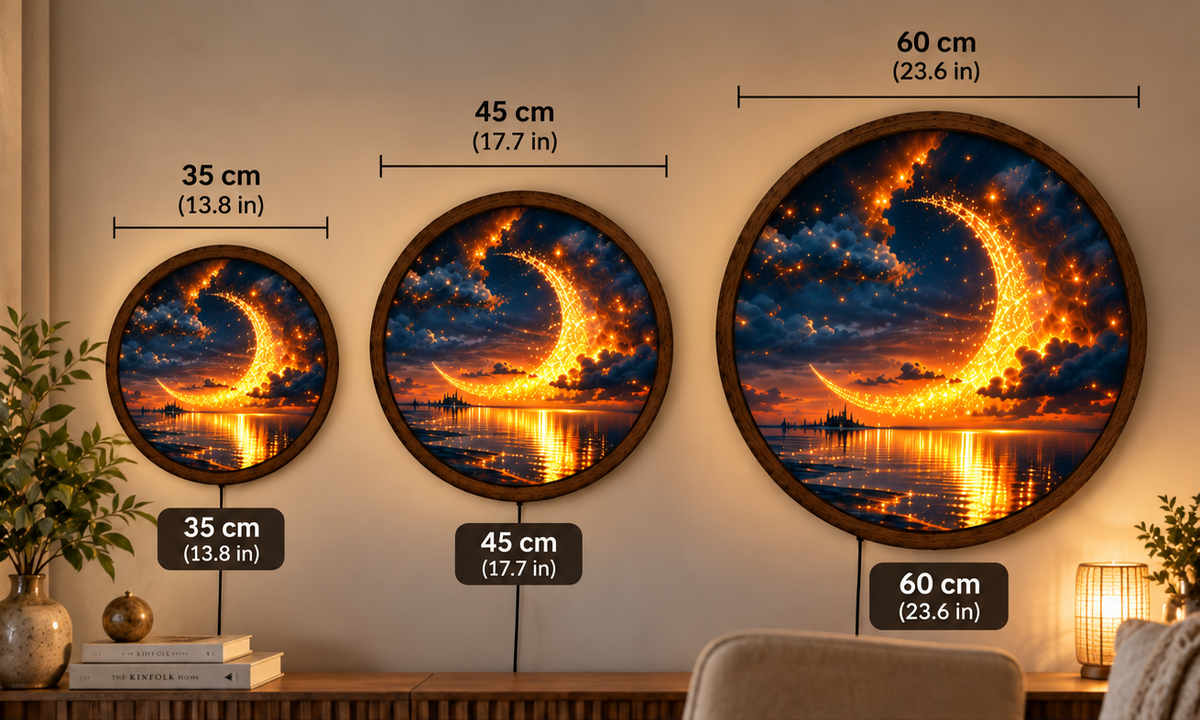 Glowing Crescent Moon LED Wall Art, Celestial Night Sky Decor, Golden Moon Ocean Landscape, Round Lighted Wall Decor, Dreamy Gift