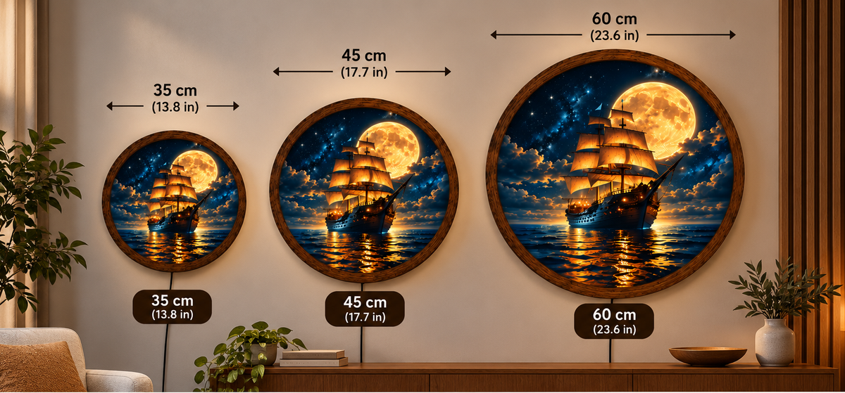Sailing Ship Moon LED Wall Art, Round Nautical Wall Decor, Full Moon Ocean Light, Vintage Pirate Ship Wall Art, Coastal Home Decor