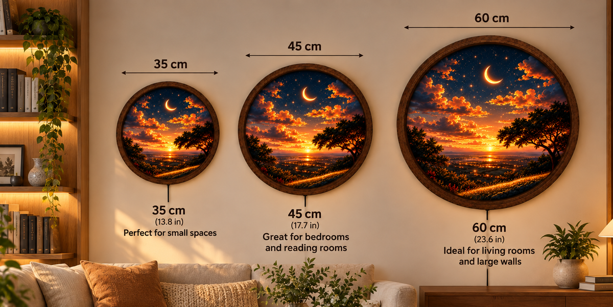 Crescent Moon LED Wall Art, Sunset Landscape Wall Light, Starry Sky Decor, Celestial Night Light, Round Nature Wall Art, Bedroom Decor