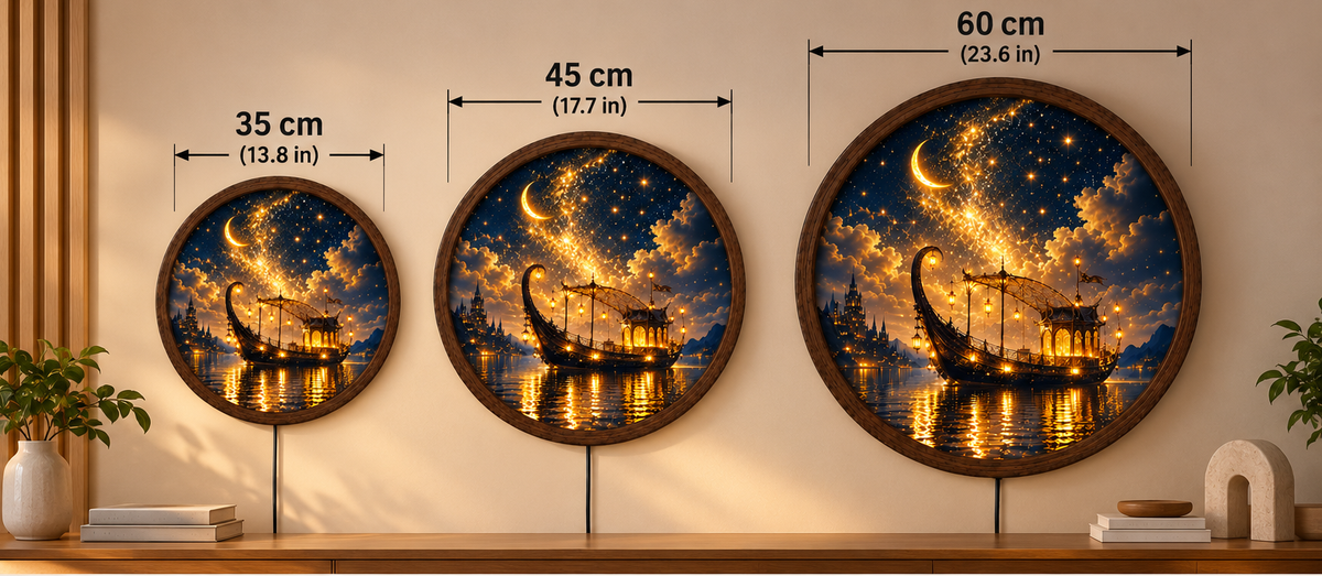 Fantasy Moonlit Boat LED Wall Art, Round Lighted Wall Decor, Magical Starry Night Ship Art, Celestial Wall Light, Fantasy Home Decor